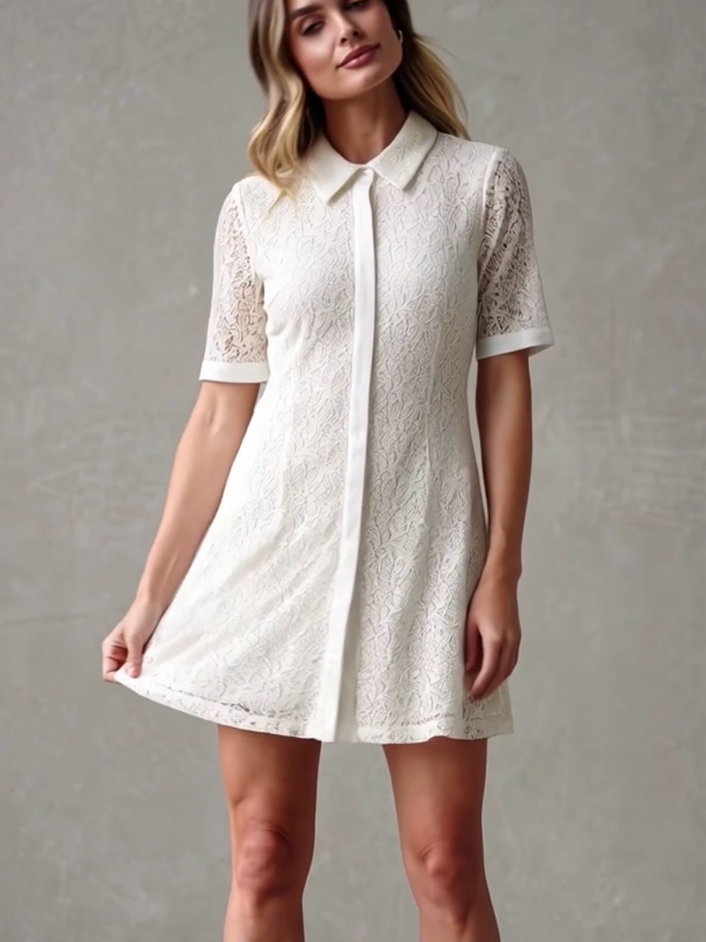 Gal Meets Glam Cream A-Line Dress With Delicate Lace overlay. Peter Pan Collar.
